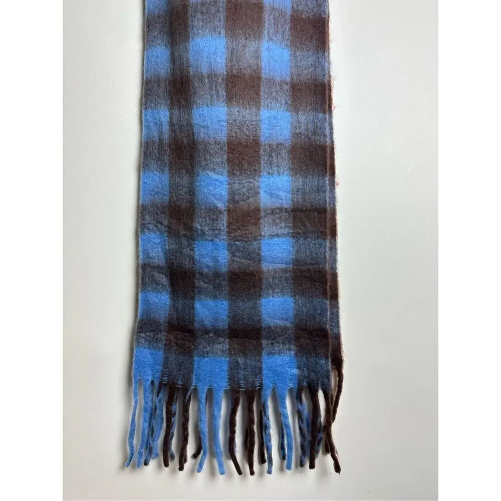 Blue and brown plaid oversized scarf